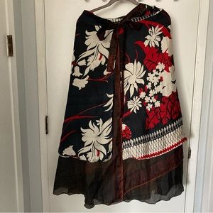 Midi Floral Print Red and Blue Silk Sari Wrap Skirt